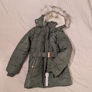 Tahari Green Puffer Coat with Faux Fur Hood